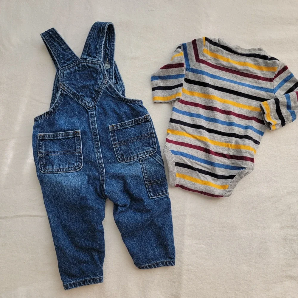 Old Navy Denim Overalls Gap Striped Bodysuit Set Toddler 12-18M Blue Grey Fall